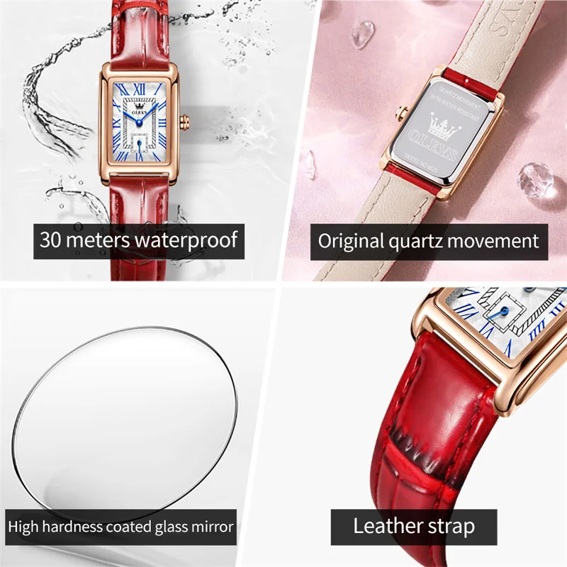 Rectangular Rose Gold Women Watches OLEVS Exquisite Ladies Wrist Watch Fashion Woman Quartz Clock Red Leather Relogio Feminino