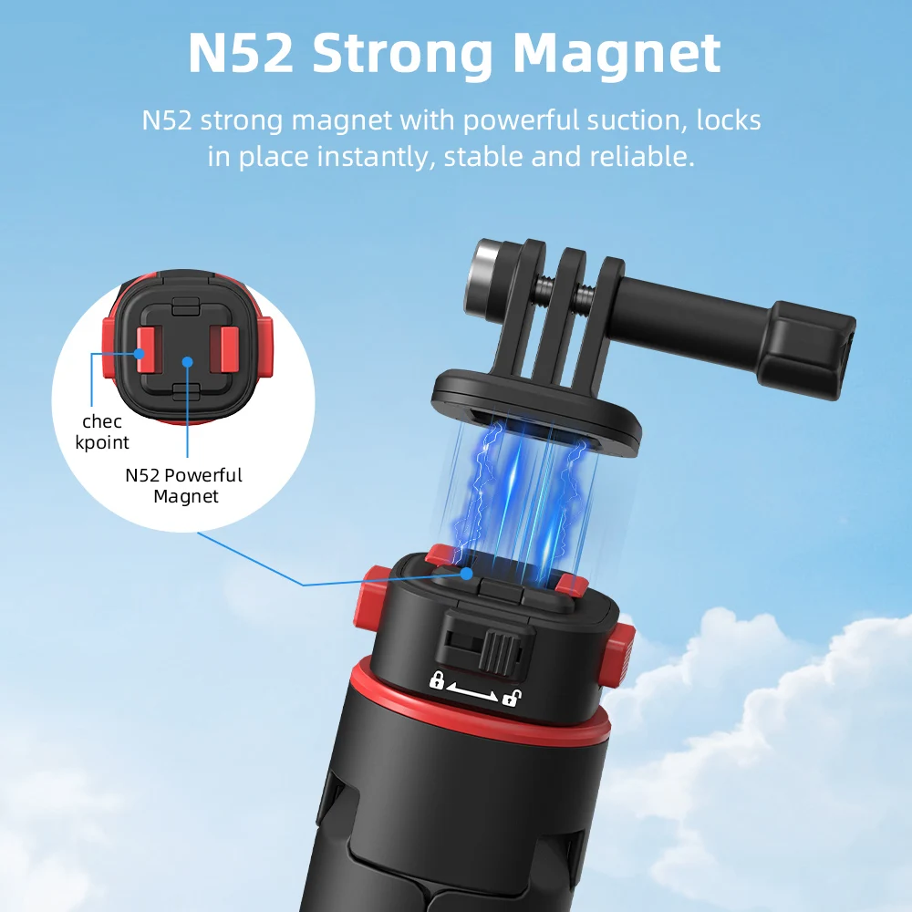 Trépied perche magnétique N52 compact, prêt à l'emploi avec rotule orientable pour angles de vue variés.