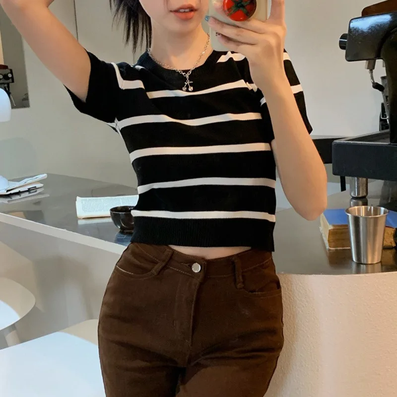 Zomer Casual Mode Gestreepte Bedrukking T-shirt Dames Korte Mouw Pullover Tops Dames Losse O-hals Tee Vrouwelijke Kleding311_voghion.com