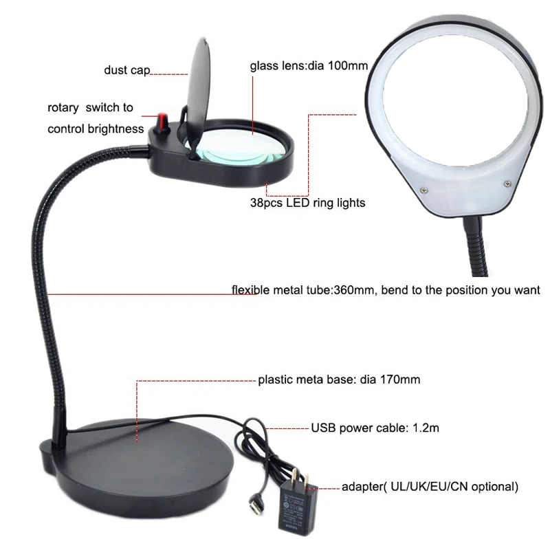 3X 100mm 10X 20mm multifunction clip-on desk Illuminating Magnifier reading  led lamp - AliExpress