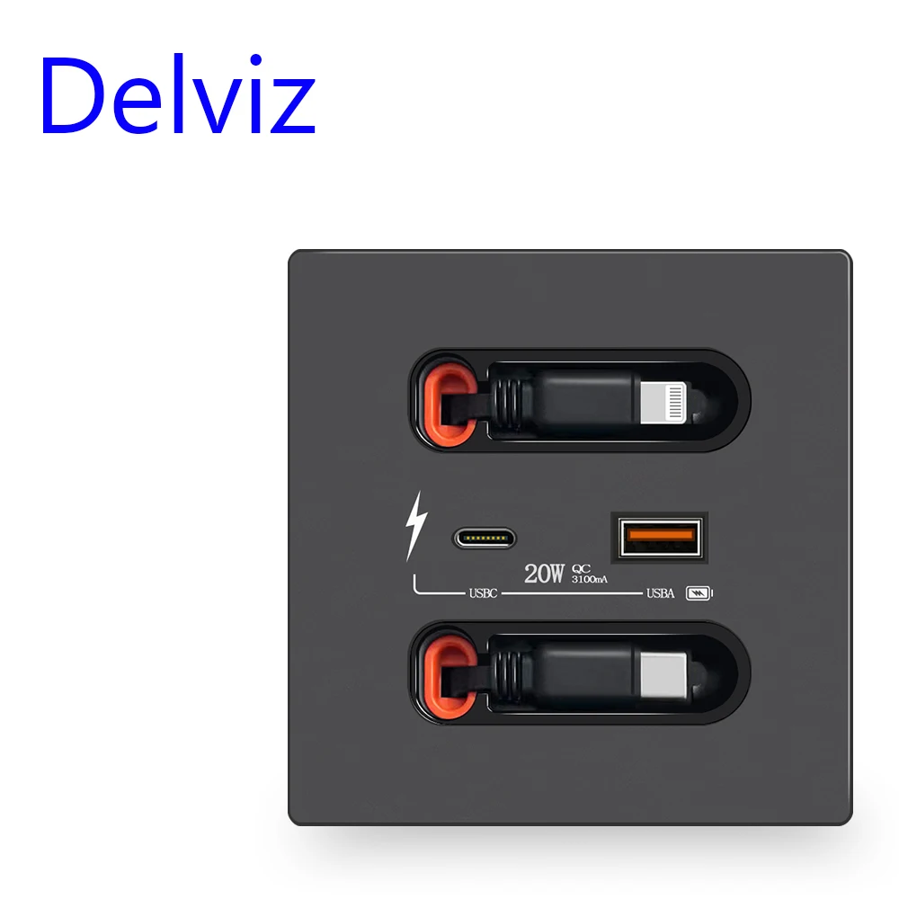 Delviz USB Socket with charging cable Retractable, Universal 5V 3100MA USBA+USBC Port, 20W Fast charging Type-C Wall USB Socket