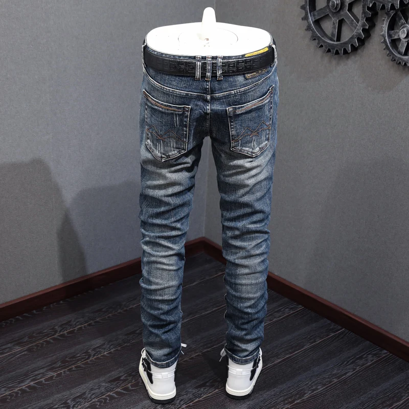 Fashion Designer Men Jeans High Quality Retro Blue Elastic Slim Fit Ripped Jeans Men Vintage Trousers Casual Denim Pants Hombre