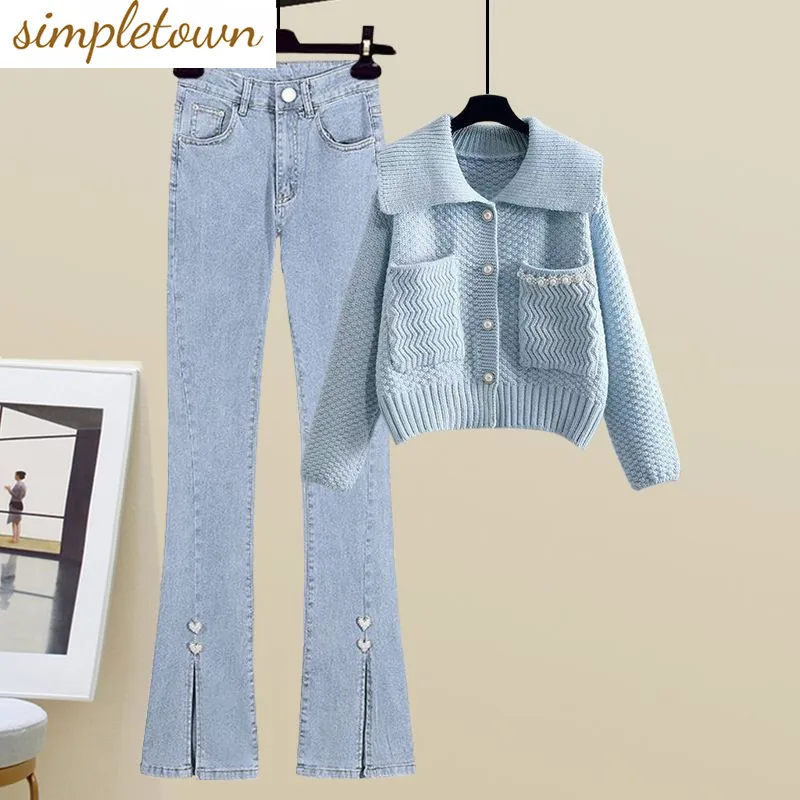 Korean Style Pocket Decoration Knit Cardigan Sweater Temperament Jeans Two Piece Elegant Women's Pants Set Winter Outfits