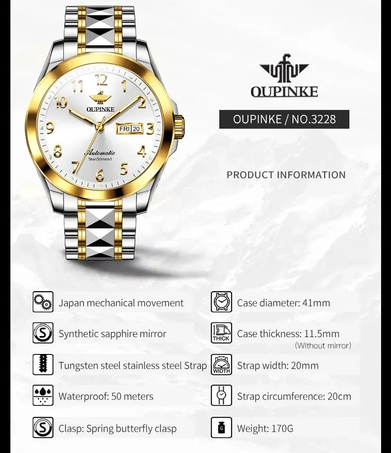 OUPINKE 3228 Man Watch Number Scale Dual Calendar Mechanical Watch For Men Sapphire Mirror Top Brand Waterproof Men's Wristwatch