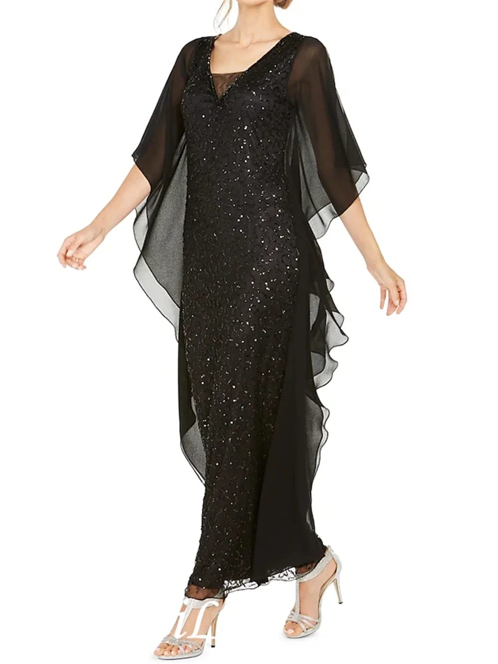 

Платье ТРАПЕЦИЕВИДНОЕ для матери невесты, шифоновое элегантное платье до щиколотки с V-образным вырезом, блестками, коротким рукавом и рюшами