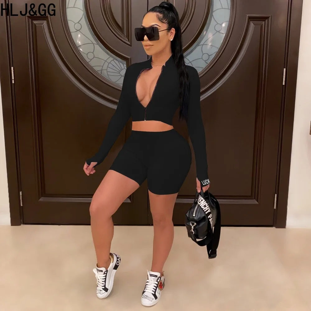 HLJ&GG Casual Solid Sporty Biker Shorts Two Piece Sets Women Zipper Long Sleeve Crop Top + Shorts Outfits Female 2pcs Tracksuits