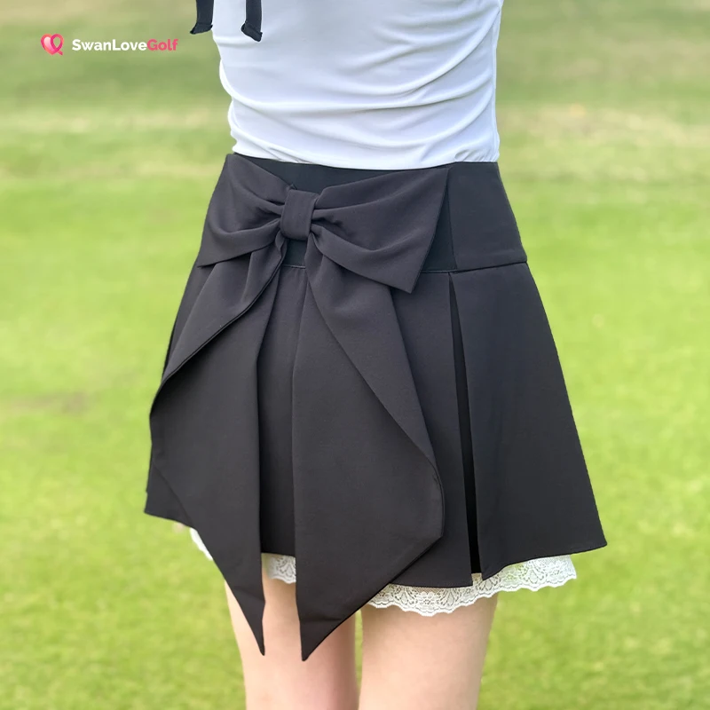Swan Golf Skirt Women's Spring and Summer Bownot Streamer Lace Skort with Safety Shorts Pants High-end Gray Culottes Golf Wear