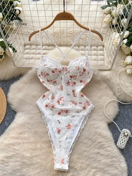 SINGREINY Sexy Lace Print Camis Bodysuits Fashion Lace Up Slim Rompers Female Backless Open crotch Sweet Streetwear Playsuits