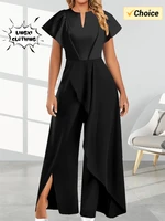 2024 Summer New Elegant Women's V-neck Irregular Jumpsuit Solid Color Short Sleeved Long Style Banquet Women's Jumpsuit - Image 2