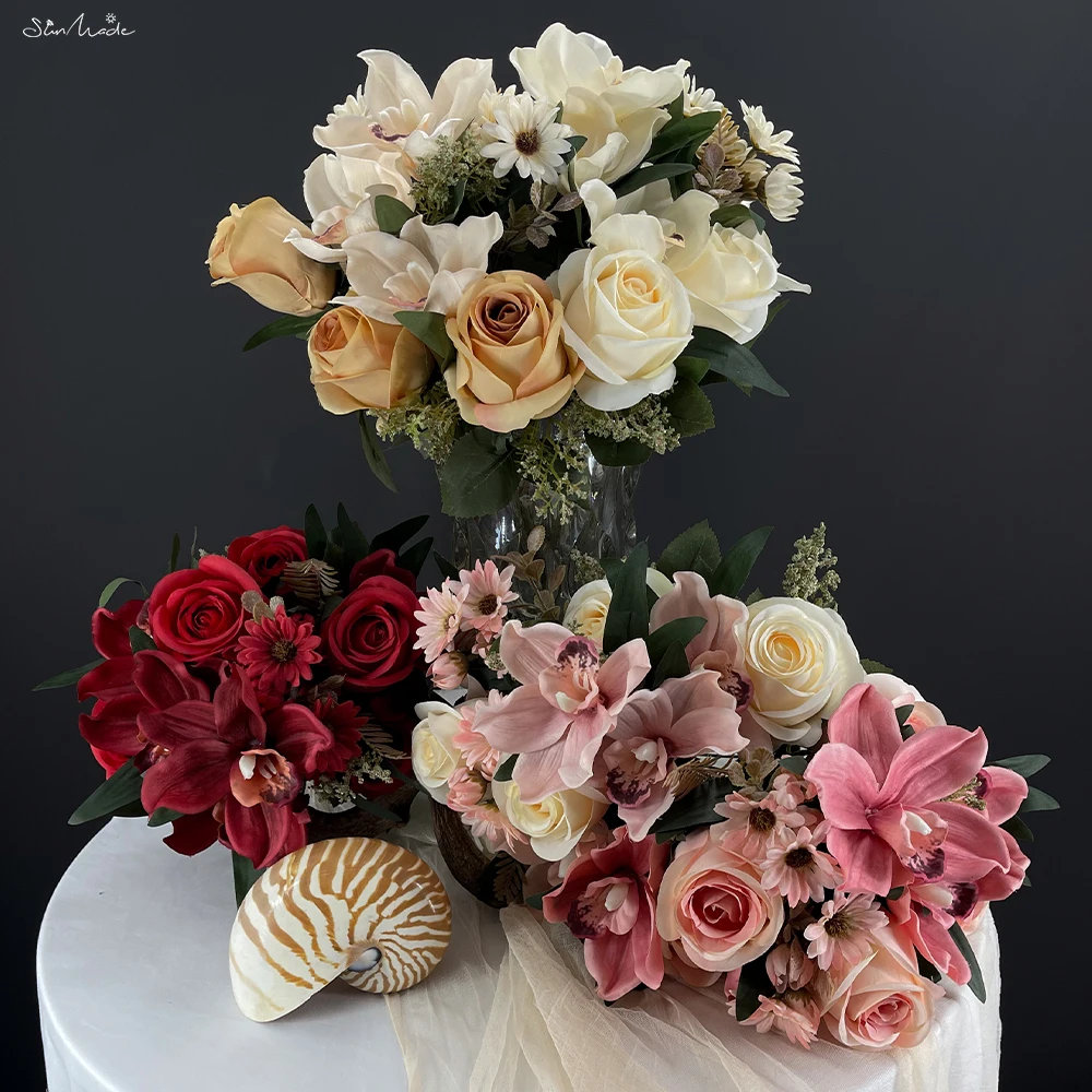 Sunmade Delicato Autunno Rose Bouquet Cymbidium Orchidee Fiori Artificiali Decorazione Mariage Bouquet Da Sposa Home Party Decor