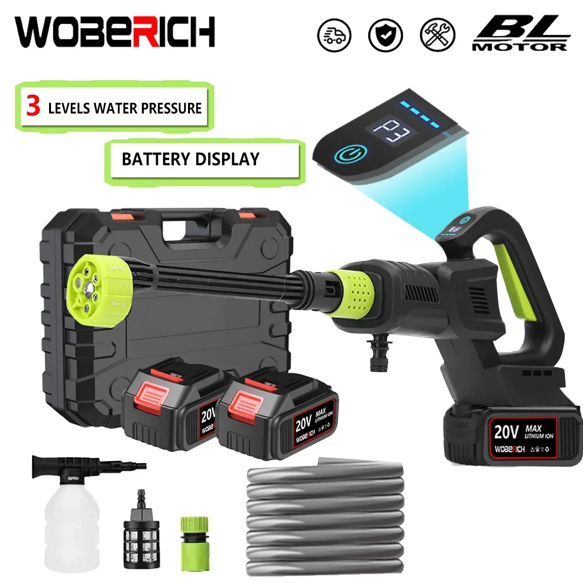 WOBERICH 280Bar Brushless Electric High Pressure Washer Digital Display Cordless Garden Cleaning Spray Gun Tool For Makita 18V Battery
