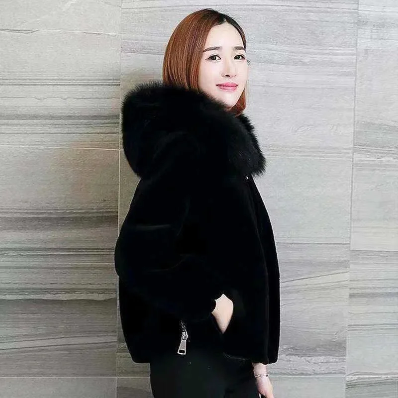 

Coat Female Sheep Shearing Hooded Overcoat 2023 Autumn Winter New Short Jacket Korean Imitation Fox Fur Collar Outerwear Woman