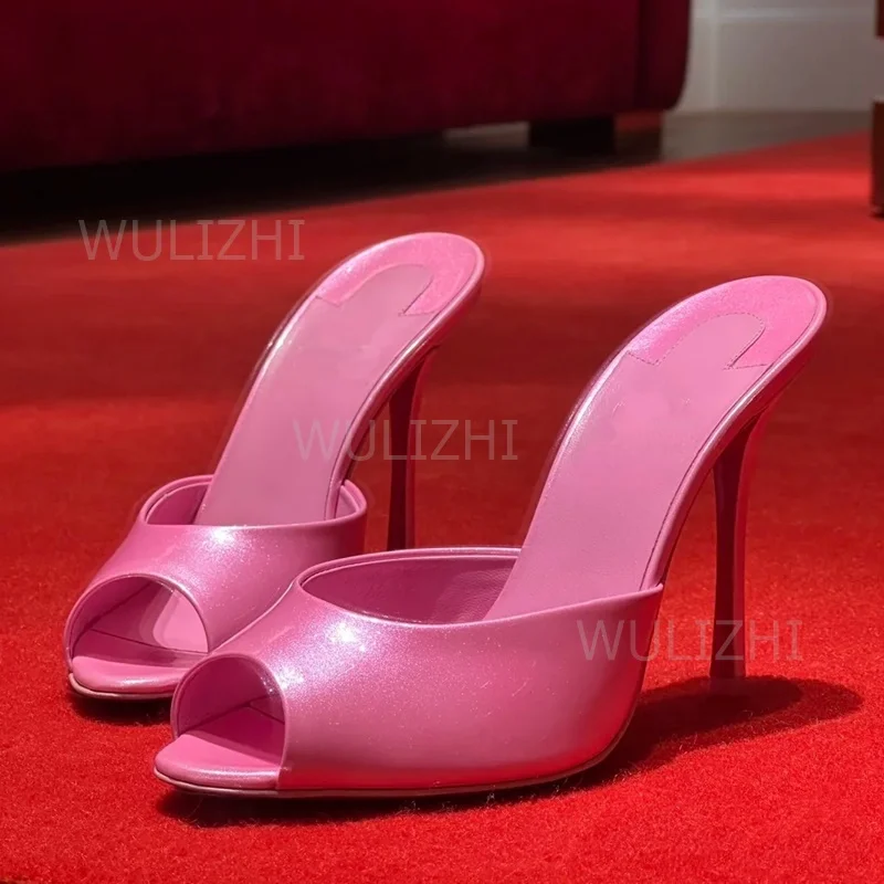 Light Pink Shiny Cute Slingback Girls Open Heels Peep Stiletto Black Patent Leather Beach Slippers Denim Diamond Purple Shoes women sandals women high heels