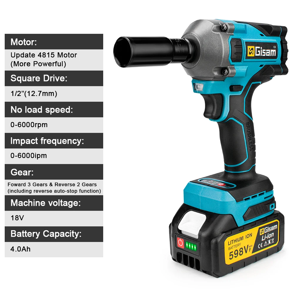 1000N.M 2 IN 1 Brushless Electric Impact Wrench 1/2 inch Lithium-Ion Battery Cordless Wrench Power Tools For Makita 18V Battery 4