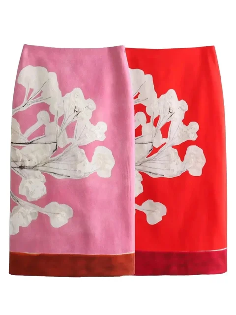 Women's vintage high-waisted print skirt Women flax blend straight tube MIDI skirt 1