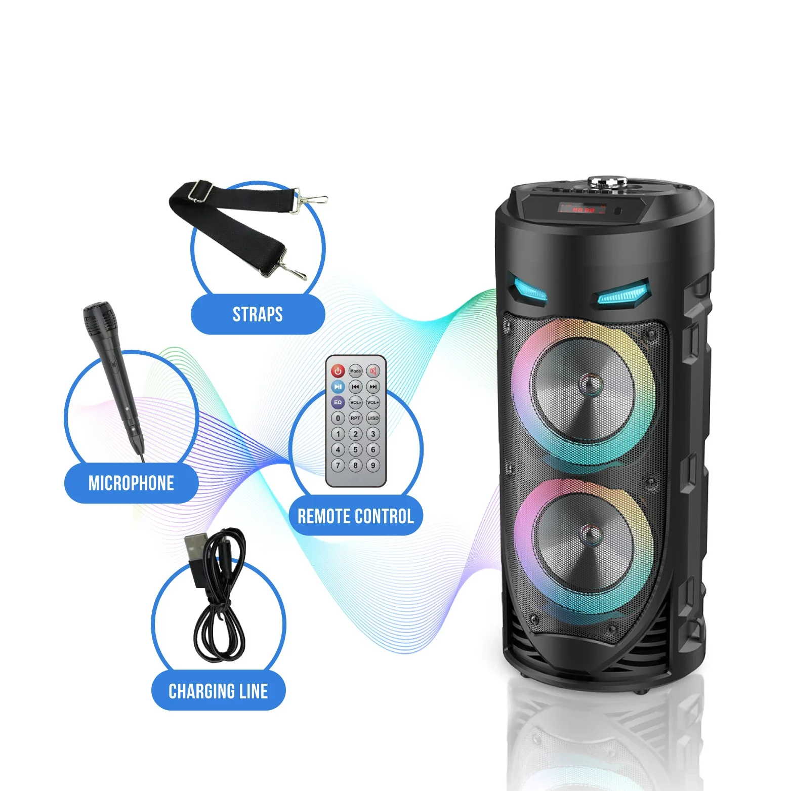 Large Square Dance Portable Bluetooth Speaker LED Colorful Light Soundbar Column KTV Soundbox Wireless Subwoofer HiFi Boombox