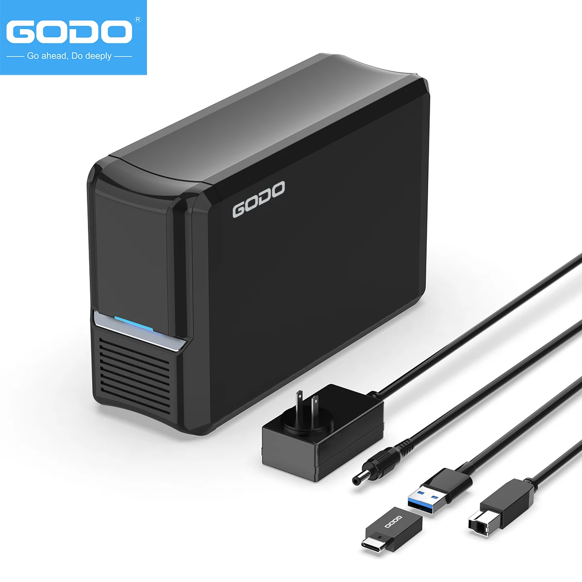 GODO 듀얼 베이 외장 하드 드라이브 케이스 3.5/2.5인치 SATA-USB 변환 케이스 (RAID 기능 지원, 60TB HDD/SSD 지원)