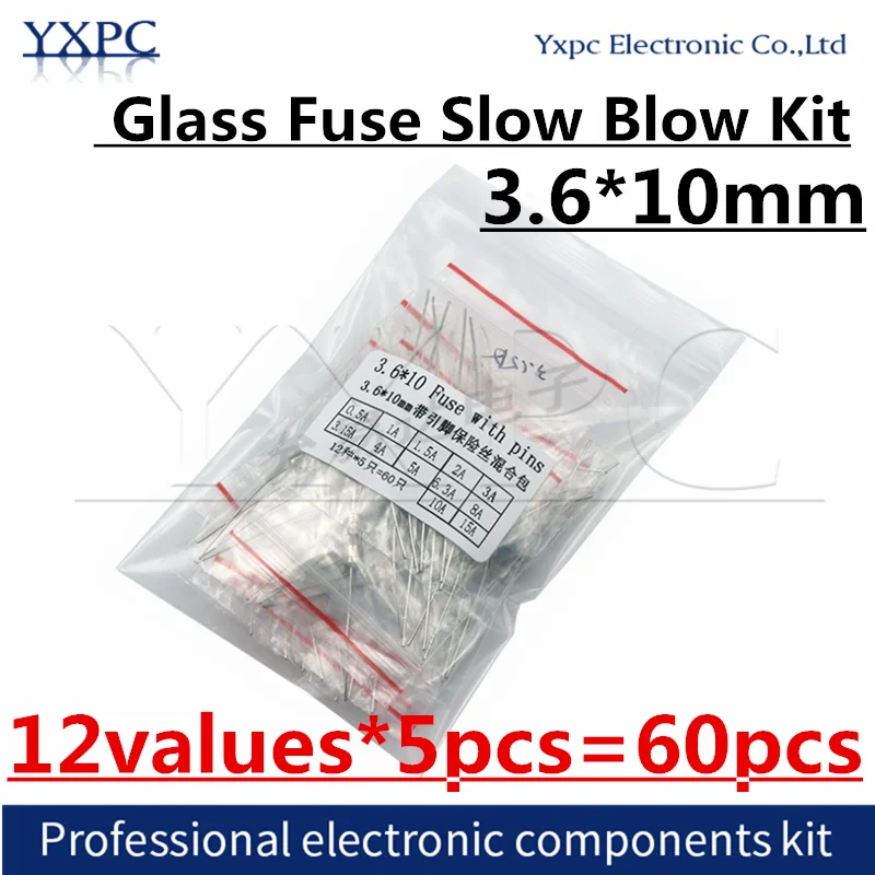 

12values*5pcs=60pcs 3.6*10 Glass fuse Slow blow Fuses Tube 250V 3.6x10mm T0.5A~15A 1A 1.5A 2A 3A 3.15A 4A 5A 6.3A 8A 10A