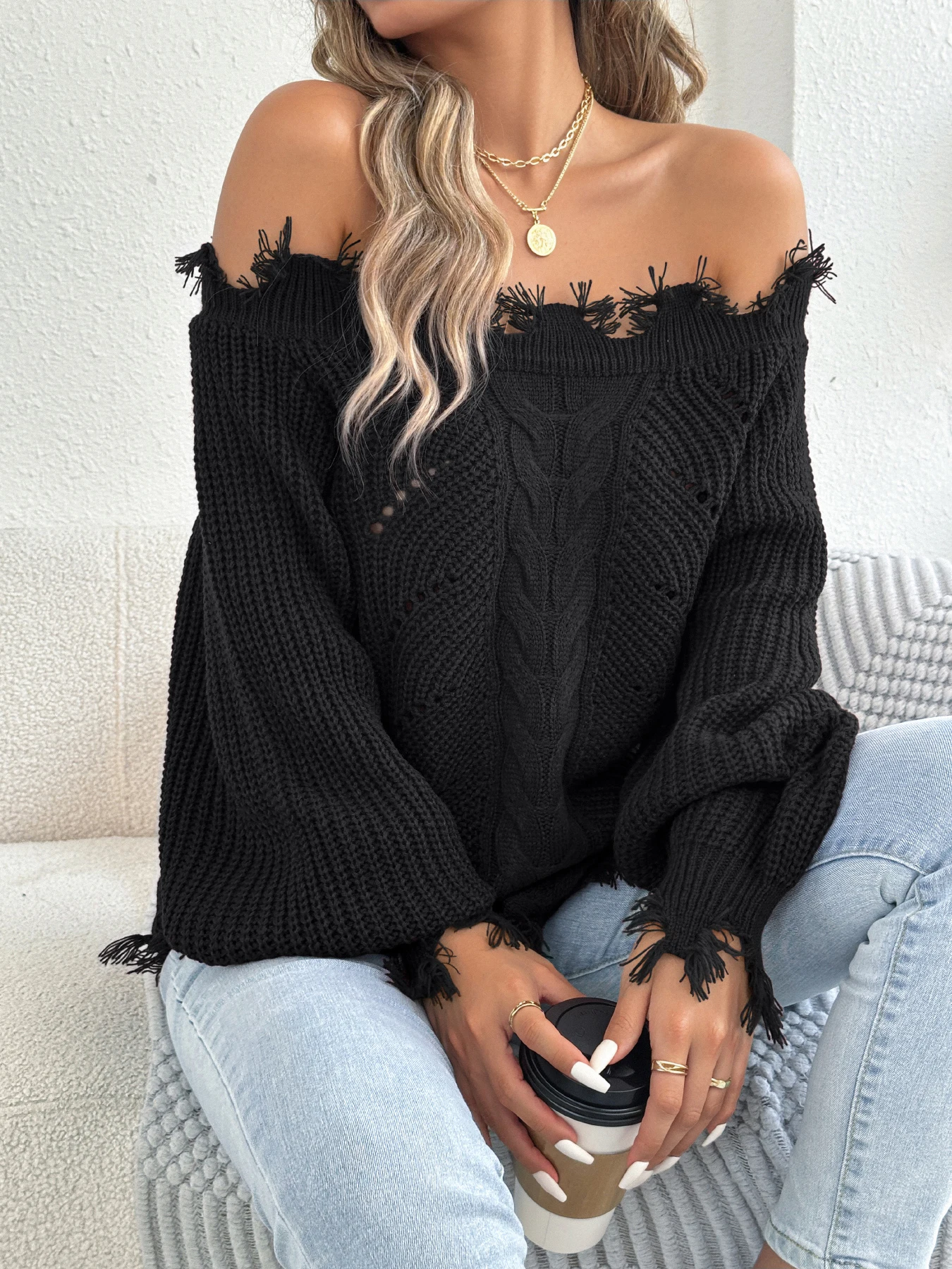 Autumn Winter Solid Color Off Shoulder Knitted Sweater