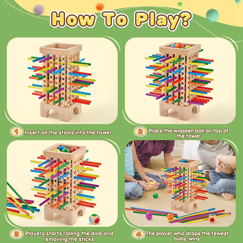 Wooden Board Game Montessori Toys, 42 Colourful Sticks Dice Game Math Educational Toy, Family Fun Ball Dropping GameA87I