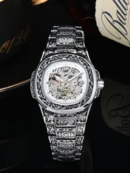 Men's Luxury Automatic Skeleton Watch - Retro Alloy Steel, Waterproof, Perfect (8079 White Silvery)