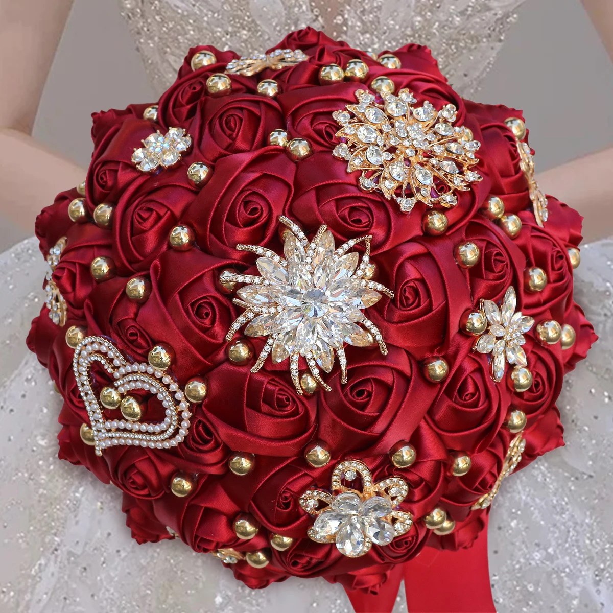 Bride wedding Romantic wine Red Hand Silk Rose wedding dress bouquet Luxury Crystal Pearl Faux foam church bouquet