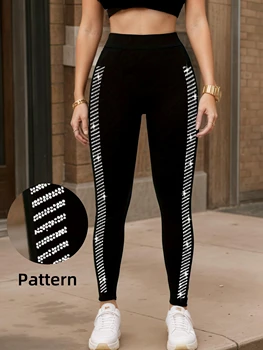 Women‘s Side Stripe Leggings with Rhinestone High-Stretch Fashionable Versatile Pants for Casual Commute and Daily Wear 1