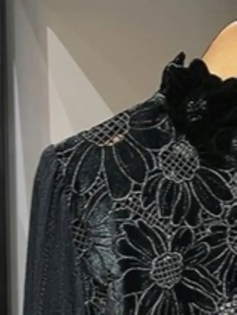 

Women's Blouse Embroidered Hollow Out Ruffled Collar Puff Sleeve Elegant Shirt
