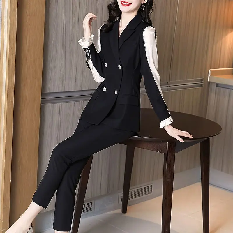 Black Patchwork Blazers Pants Two Piece Set Spring Autumn Women Workwear Office Lady Graceful Slim Suit Coat Trousers Outfits