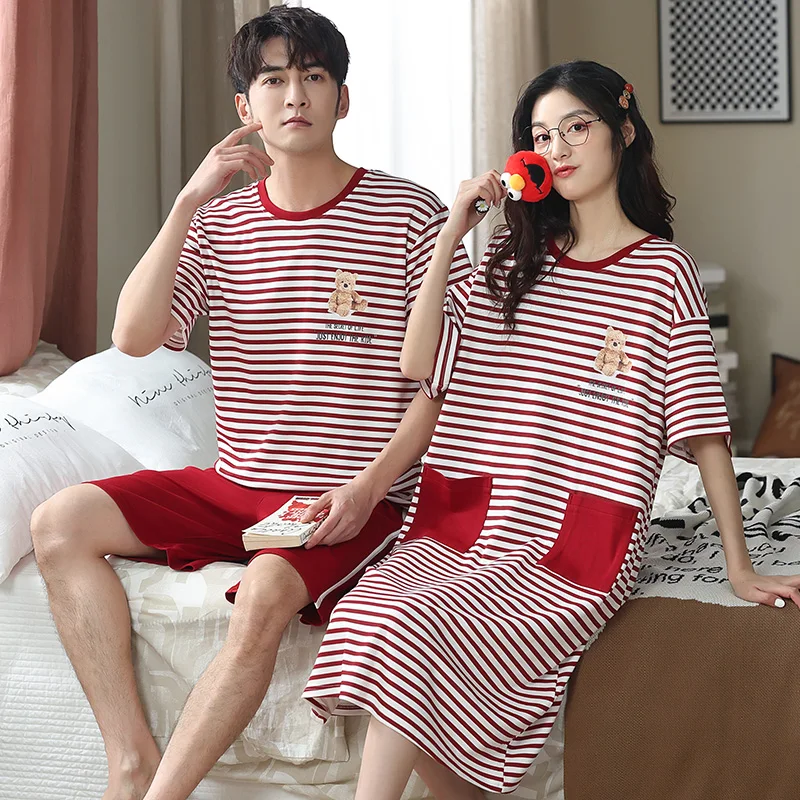 

Sexy Summer Couple Pajama Sets 100%Cotton Women Nightgown Men Pyjamas Striped Casual Style Home Wear Short Sleeve Sleepwear
