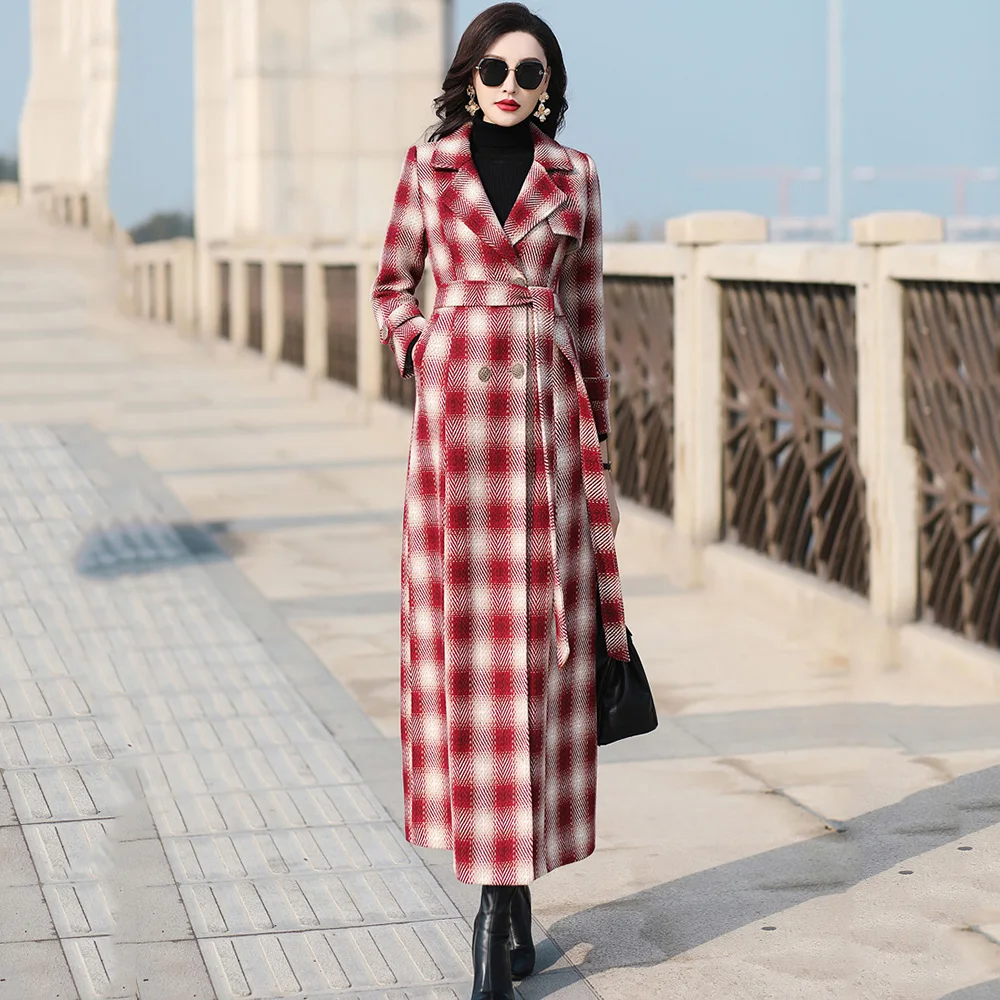 New Women Autumn Winter Plaid Woolen Overcoat Elegant Fashion Suit Collar Double Breasted Overlength Coat Wool Blended Outerwear