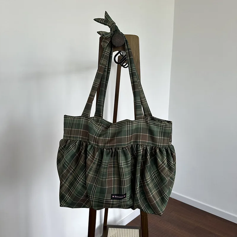 Plaid Canvas Casual Totes Women England Style Strips Shoulder Bags Large Capacity Cloth Shopper Bags Korea Style Cotton Packages