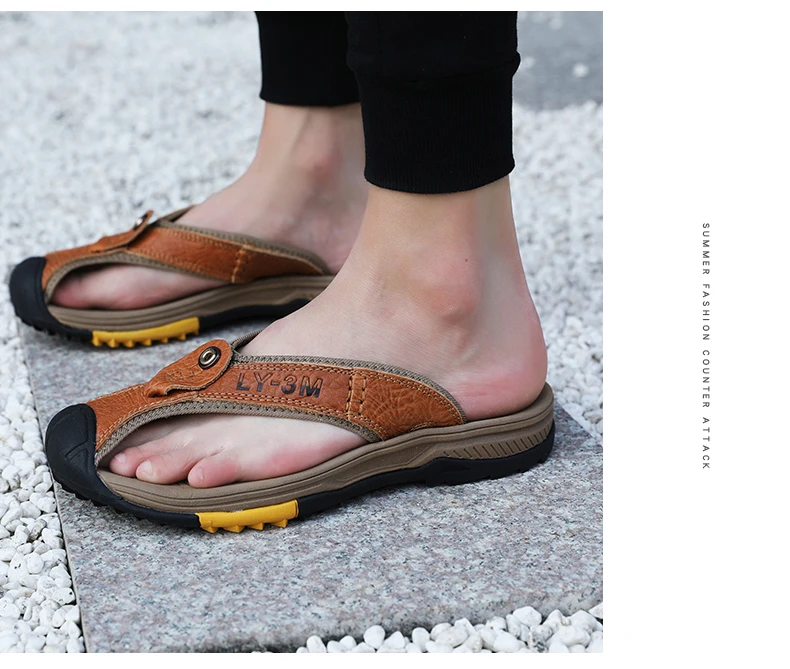 Summer Sandals Genuine Leather Flip Flops Men Classic Roman Sandals Comfortable Slipper Outdoor Casual Non-slip Beach Male Shoes