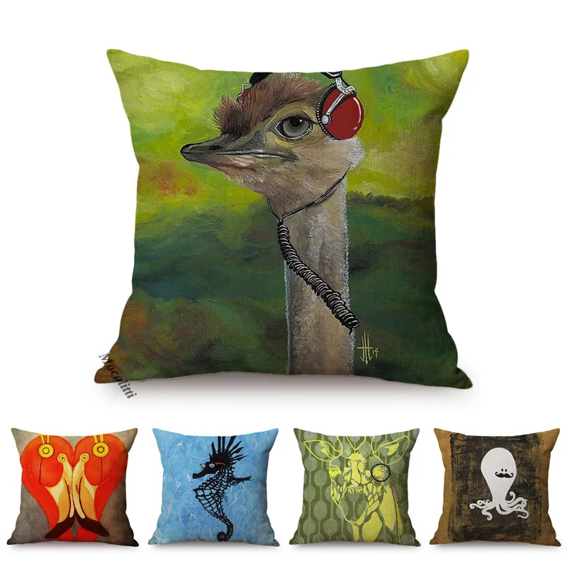 Наволочка для подушки в виде страусиного ворса, морского конька, портретного животного, стильное украшение, забавный Моноцикл, жираф, хлопчатобумажная льняная диванная подушка