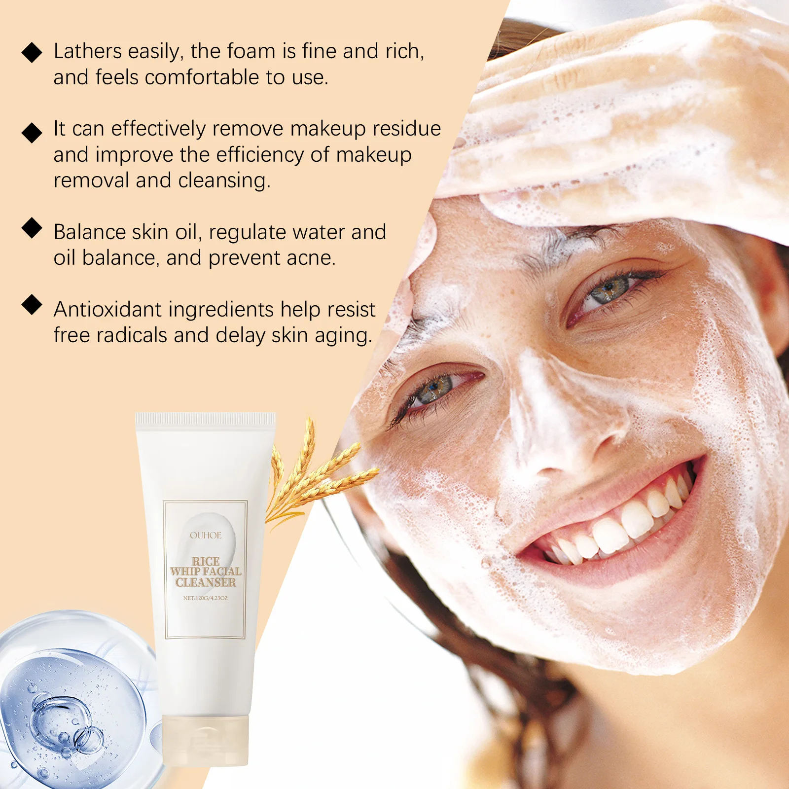 Rice Face Wash Cleanser Oil Control Purifying Cleansing Pores Moisturizing Brightening Soothing Rejuvenation Foam Glow Skin Care 6