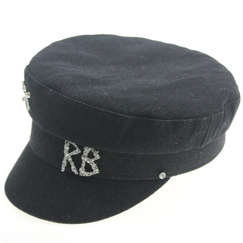 Winter Autumn Women's Hats Shiny Rhinestone Letters Military Hats Hundred Cowboy Fashion Octagonal Hat