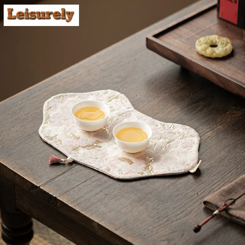 Chinese Pearl Edge Double-sided Tea Table Mats Retro Drink Coaster Dinner Table Cloth Mat Placemat Chinese Tea Set Decoration