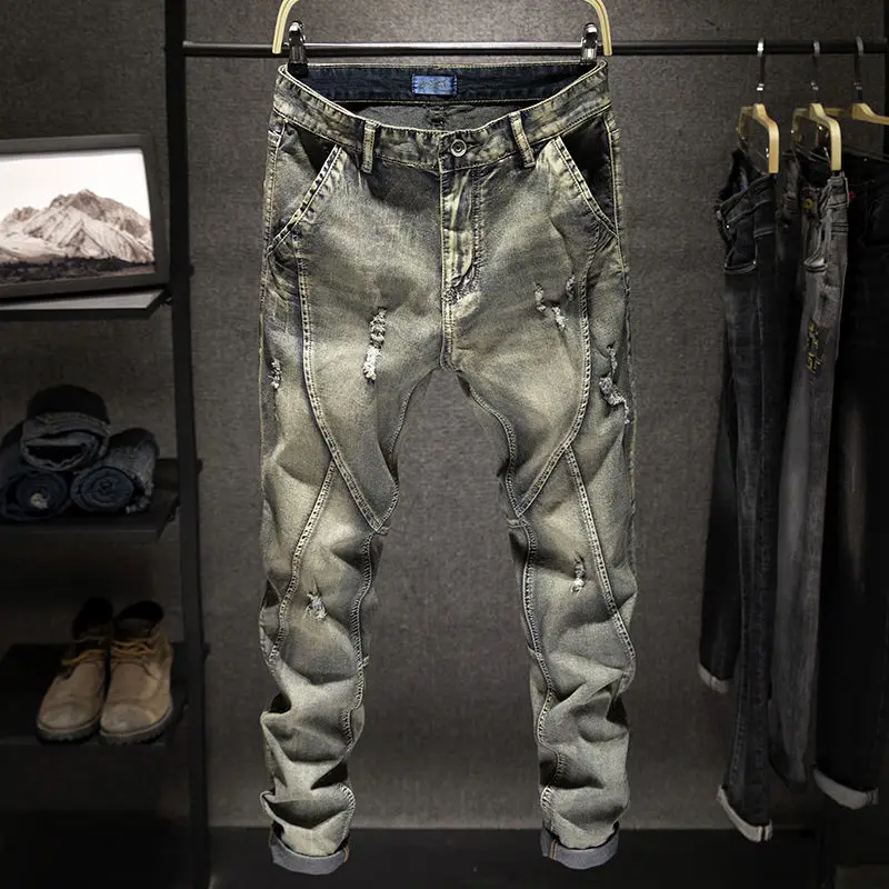 Men's Korean Style Retro Summer Jeans with Holes Designer Trendy Straight Plus Size 44 Denim Trousers Pants denim pants,denim trousers,men trousers