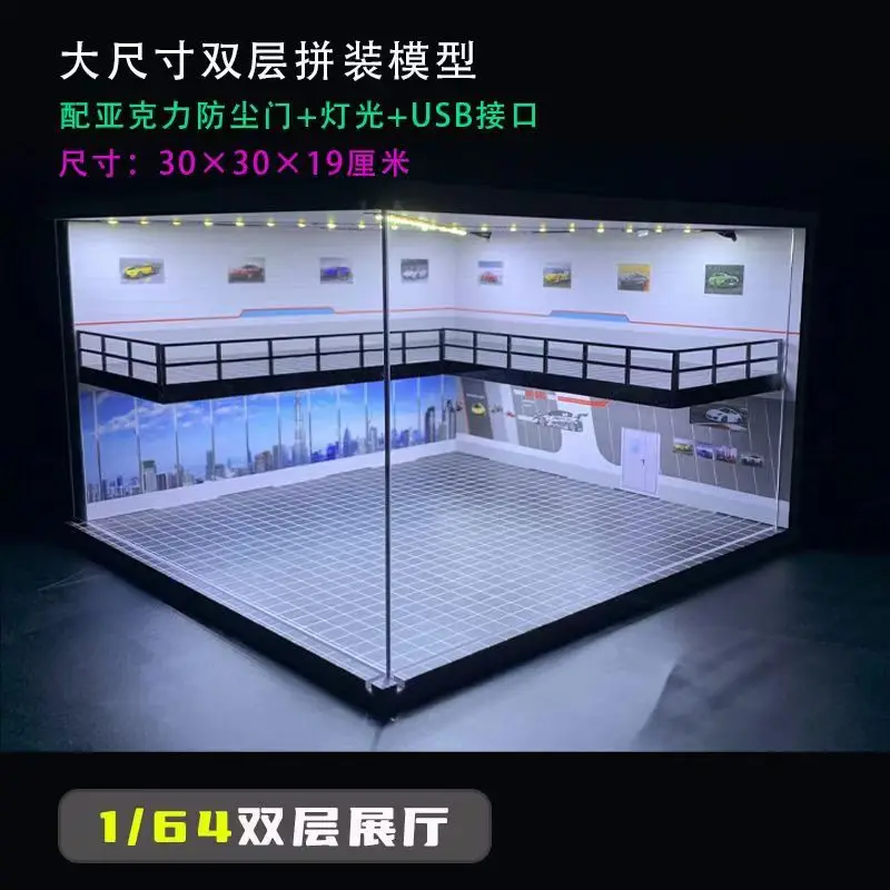 XuFan 1:64 Diorama Car Garage Model Set 1:64 Assemble Diorama USB LED Lighting Model Car Garage Parking Lots Miniatures Models 