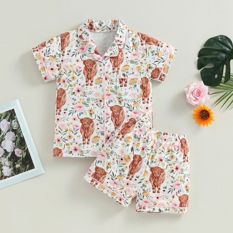 -05-12 Lioraitiin 1-6T Baby Girl Boy 2PCS Pajama Set Cute Cow Print Short Sleeve Button Shirt Shorts Comfortable Sleepwear
