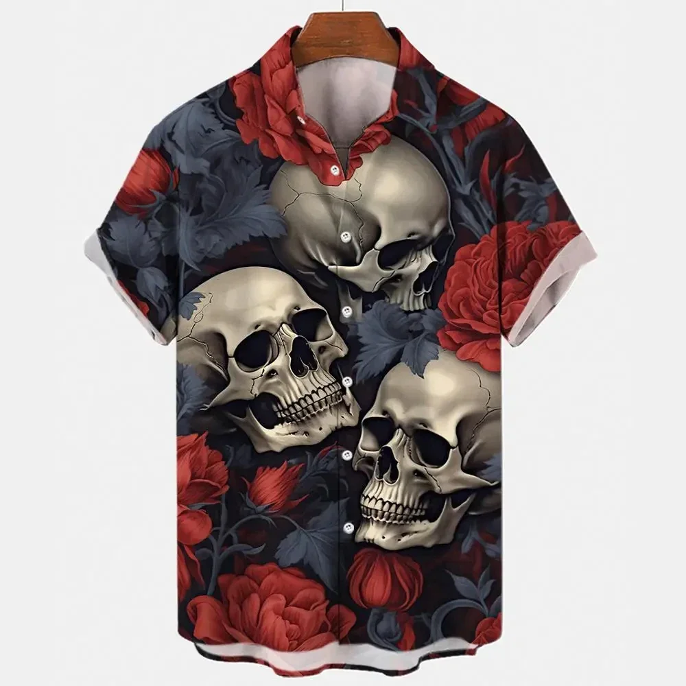 

2024 New Hawaiian Streetwear Harajuku Skull Shirt Men Men's Tops Gothic Short Sleeve T-Shirt Retro Fashion Button Men's Shirt