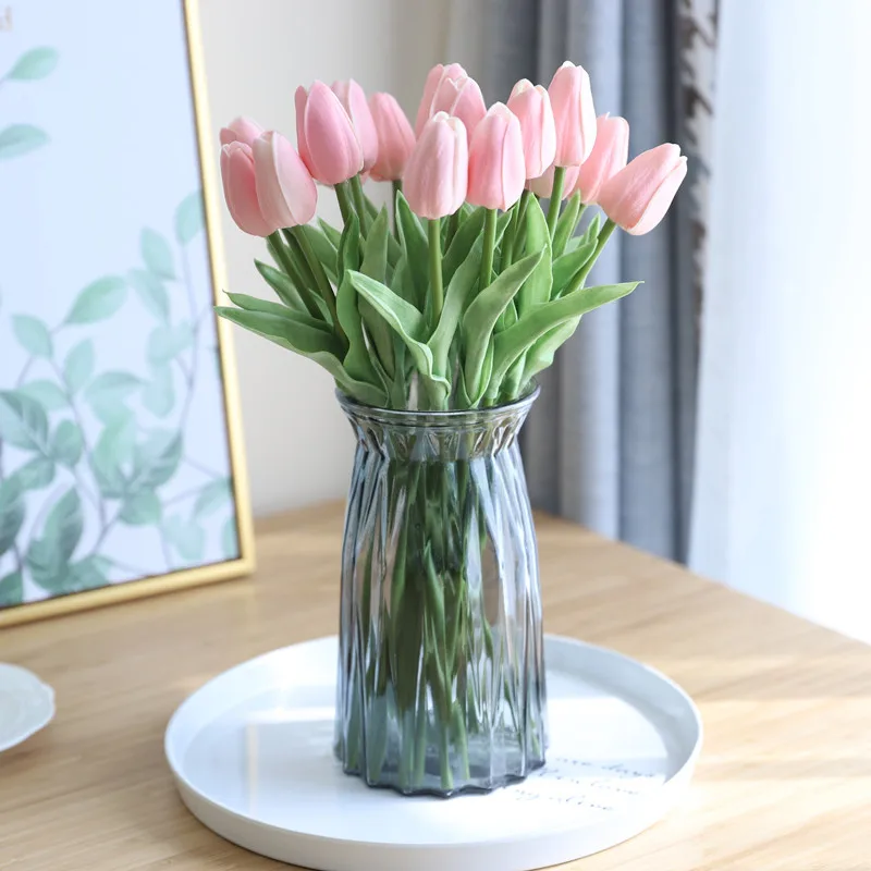 rubystory 20 tulipani artificiali in vaso, tulipani finti composizioni con vaso e acqua finta per decorare la casa, tavolo da pranzo (rosa