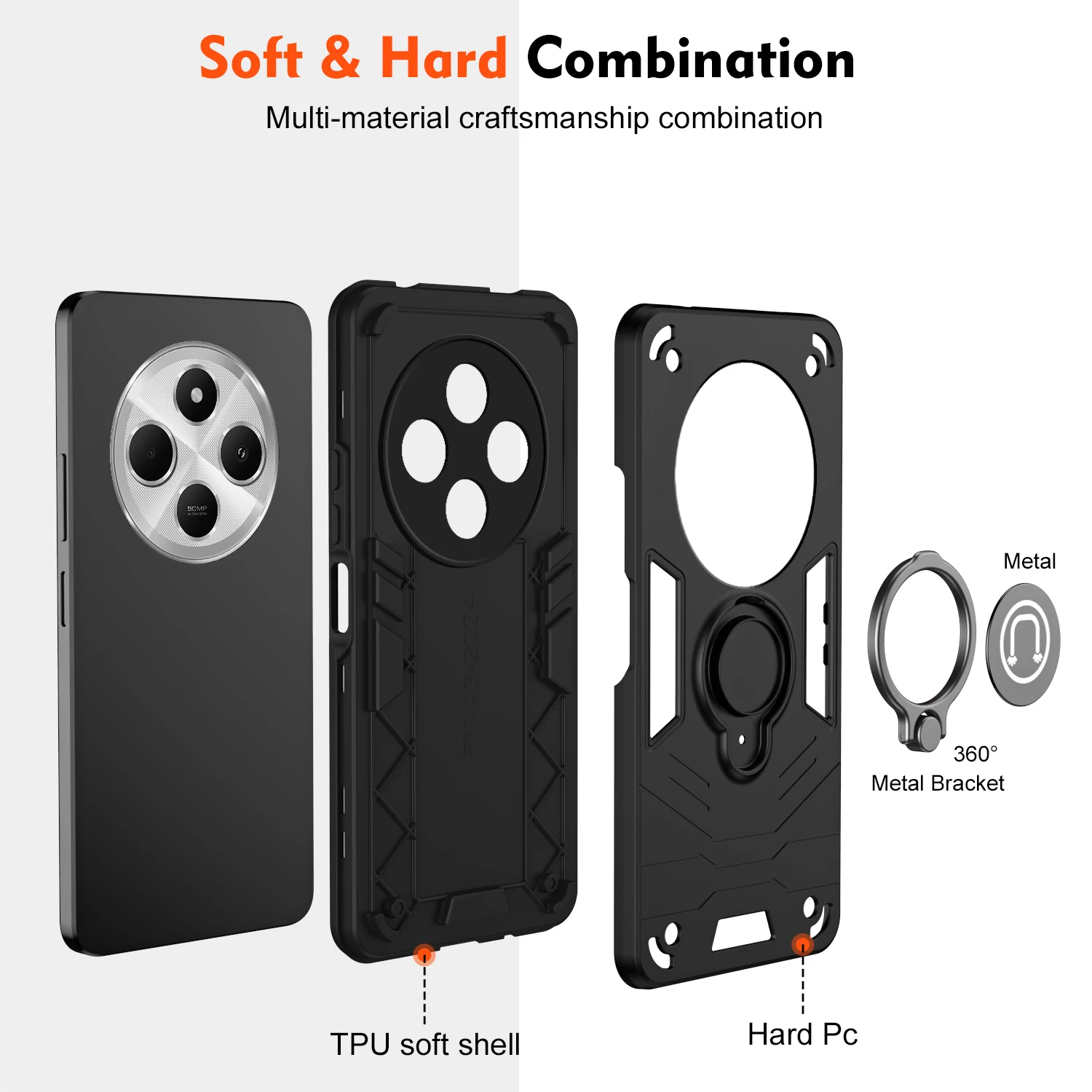 Rugged Shockproof Phone Case with Magnetic Ring Holder and Dual-Material Design