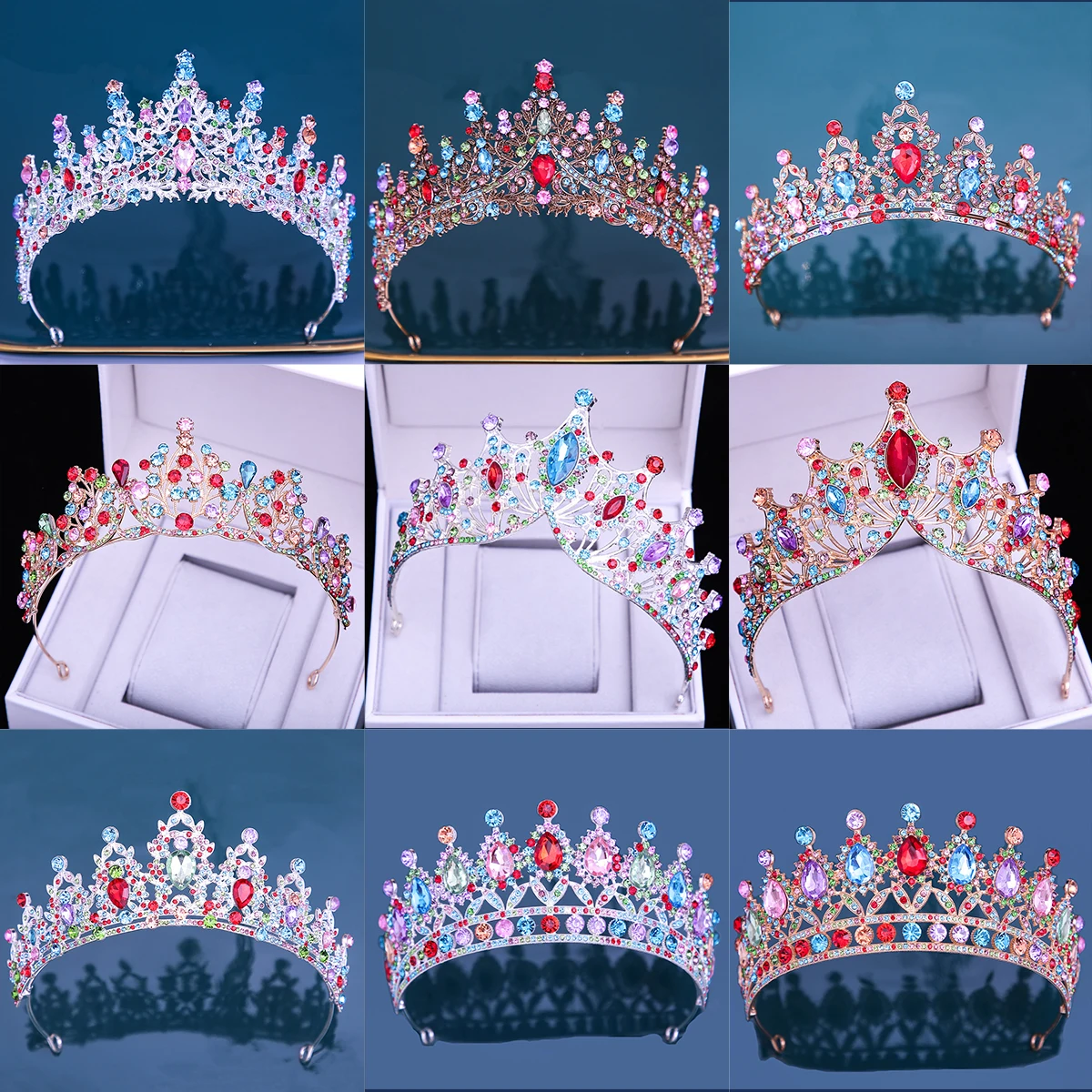 Luxury Multicolor Crystal Mixed color Crown Hair Accessories Tiara For Women Girls Wedding Rhinestone Bridal Crown Hair Jewelry