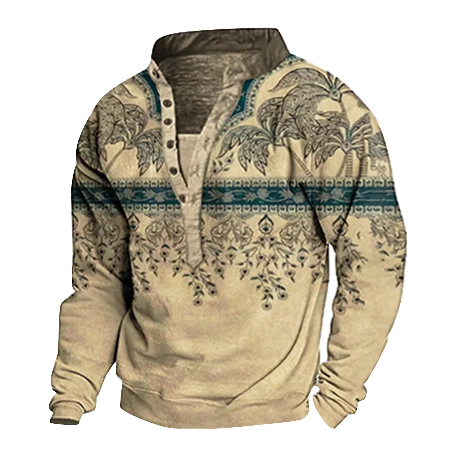 Vneck Sweater Men's 3d Digital Printing Stand Collar 6 Button Vintage