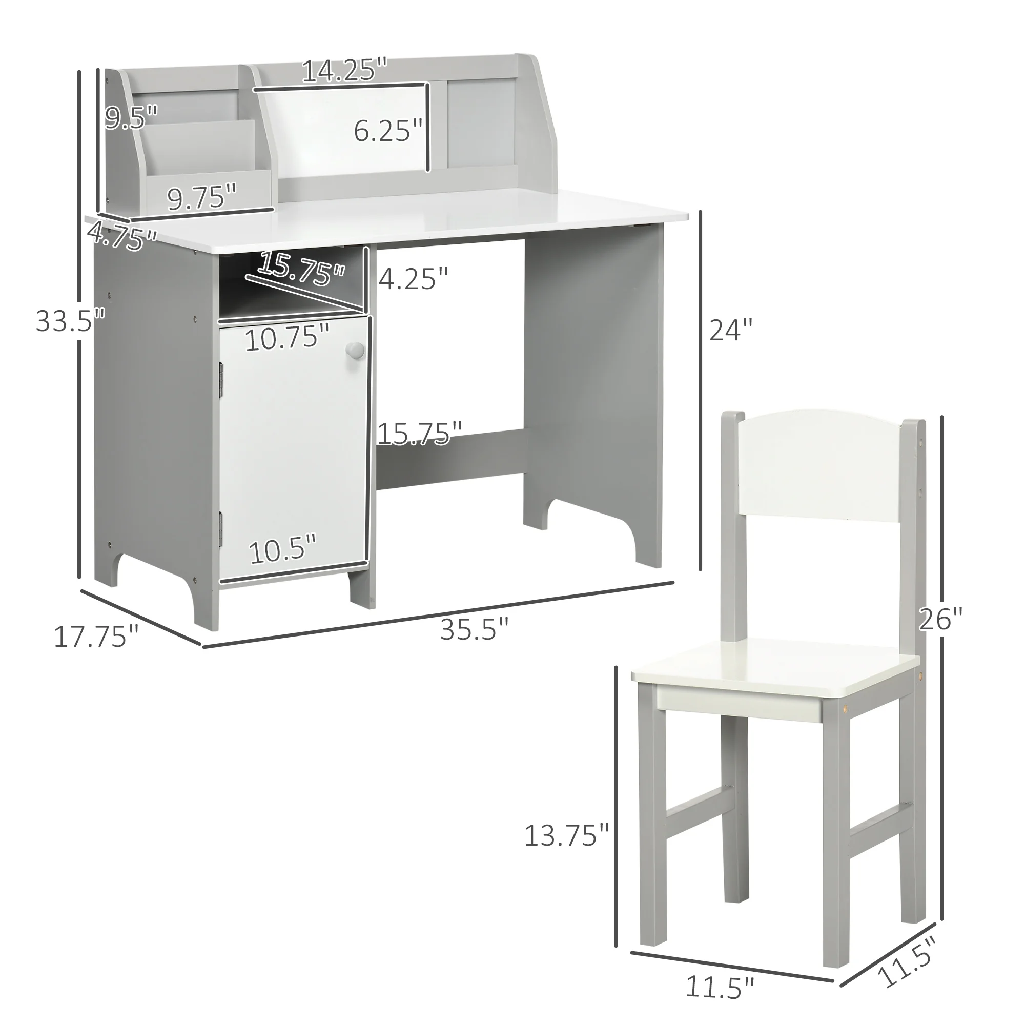 2 Pieces Kids Table and Chair Set with Whiteboard Multiple Storage Spaces, Grey 3