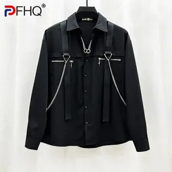 PFHQ Autumn Male High Quality Niche Design Strap Chain Shirts Trendy Ins Functional Loose Outdoor Motorcycle Simple Tops 21Z1311