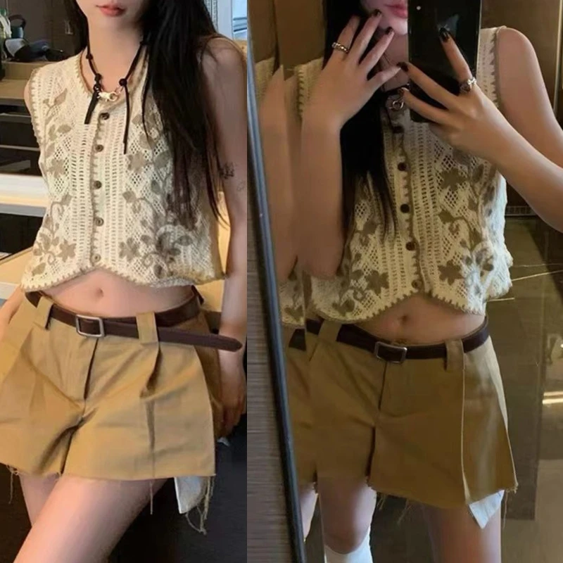 

Women Hippie Knit Crochet Button Up Vest Cardigan Embroidery Sleeveless Jacket