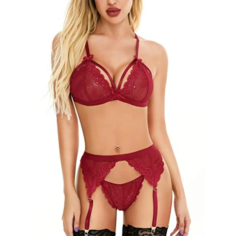 lace underwear set Plus Size Women Sexy Hot Erotic Bra Set Sexy Hollow Out Teddy Bodysuits Underwear Set Lace Deep V Open Lingerie + Stockings Sets matching bra and panties