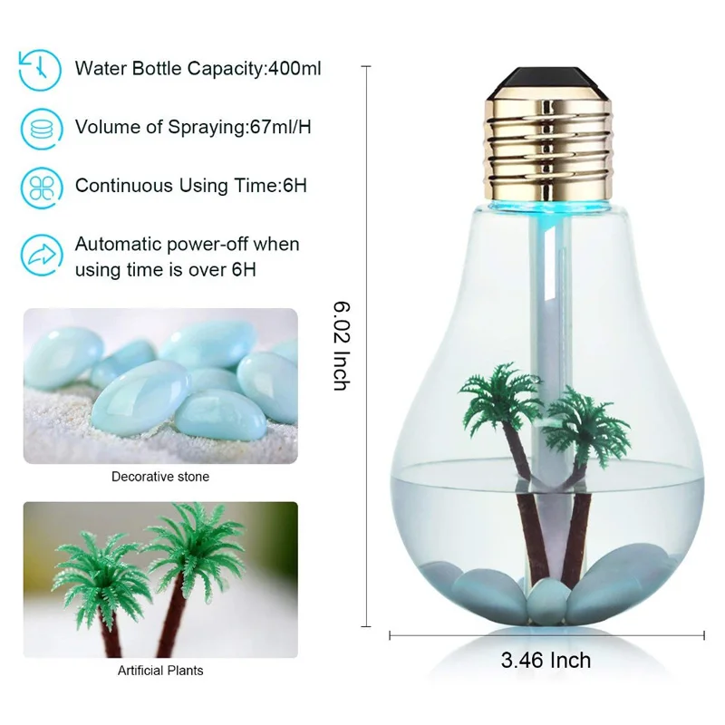 Colorful Bulb Humidifier 400Ml Mini Usb Humidifier With 7 Color Led Night Lightatomization Water Supplement Air Humidifiers